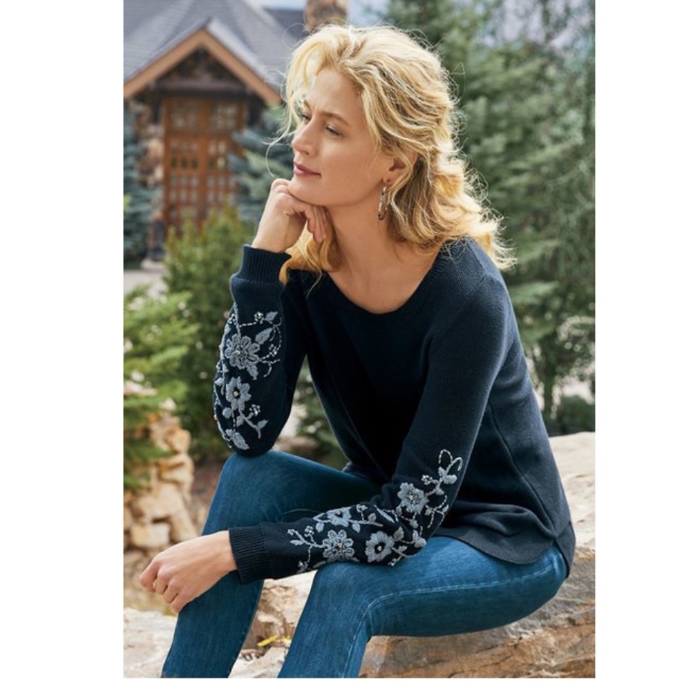 Soft Surroundings Genevieve embroidered floral black pullover sweater.  SZ S